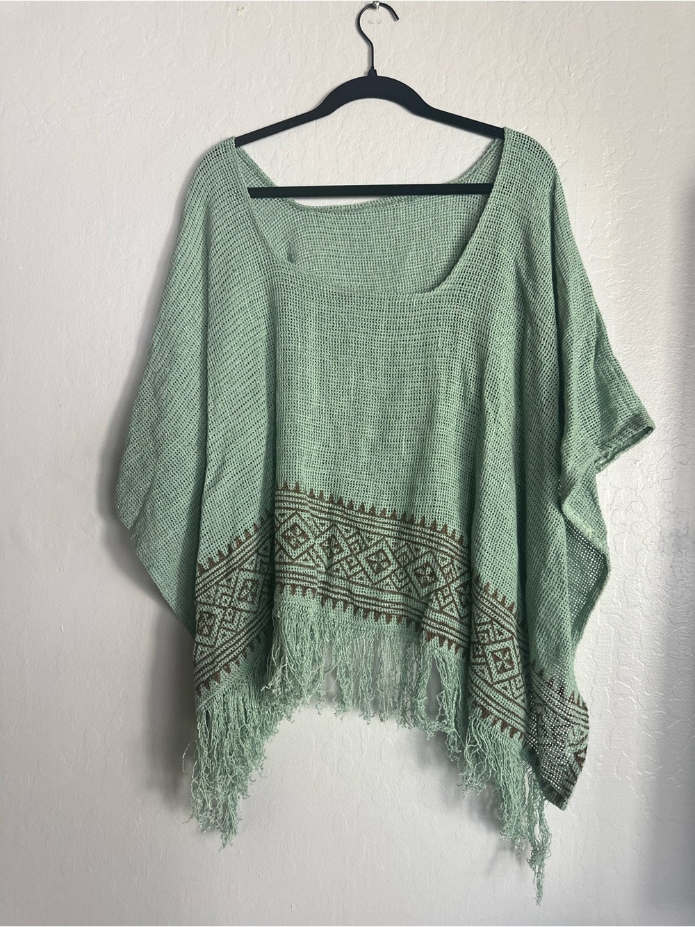 Light Green Fringe Knit Poncho Top
